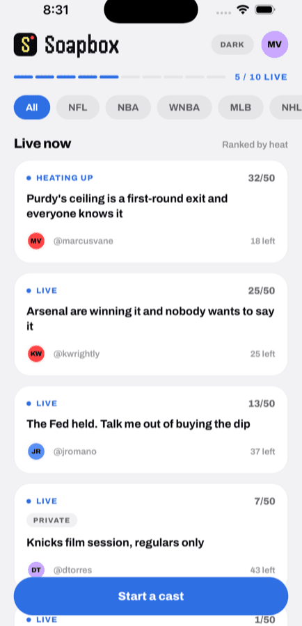 The Soapbox feed, showing live casts